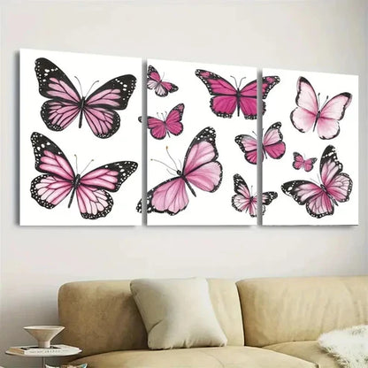 3pcs Farm Style, Pink Butterfly Des Wall Art Canvas Unframed - High Quality Print 100% Australian Made Wall Canvas