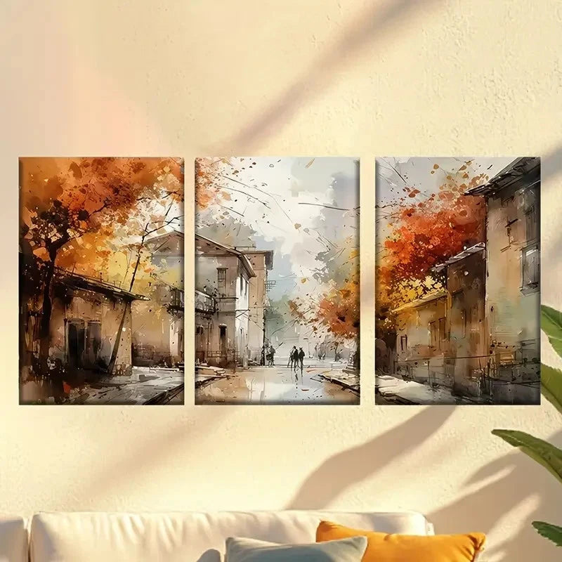 3pcs  Painting of a Street with Buildings Trees  Wall Art Set Canvas Framed 50x70cm - High Quality Print 100% Australian Made Wall Canvas Ready to Hang - Bella Home Decor