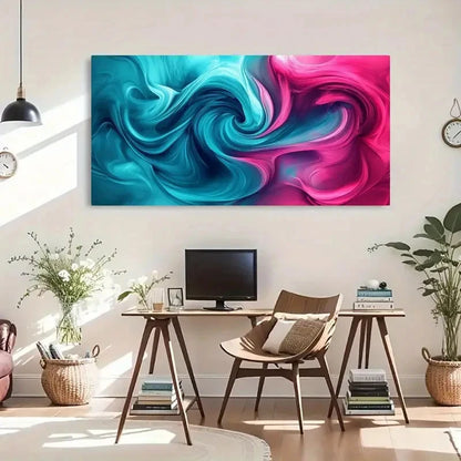 Fluid Abstract Pink Blue Swirls Wall Art Canvas Office Home Room Framed 120x60cm