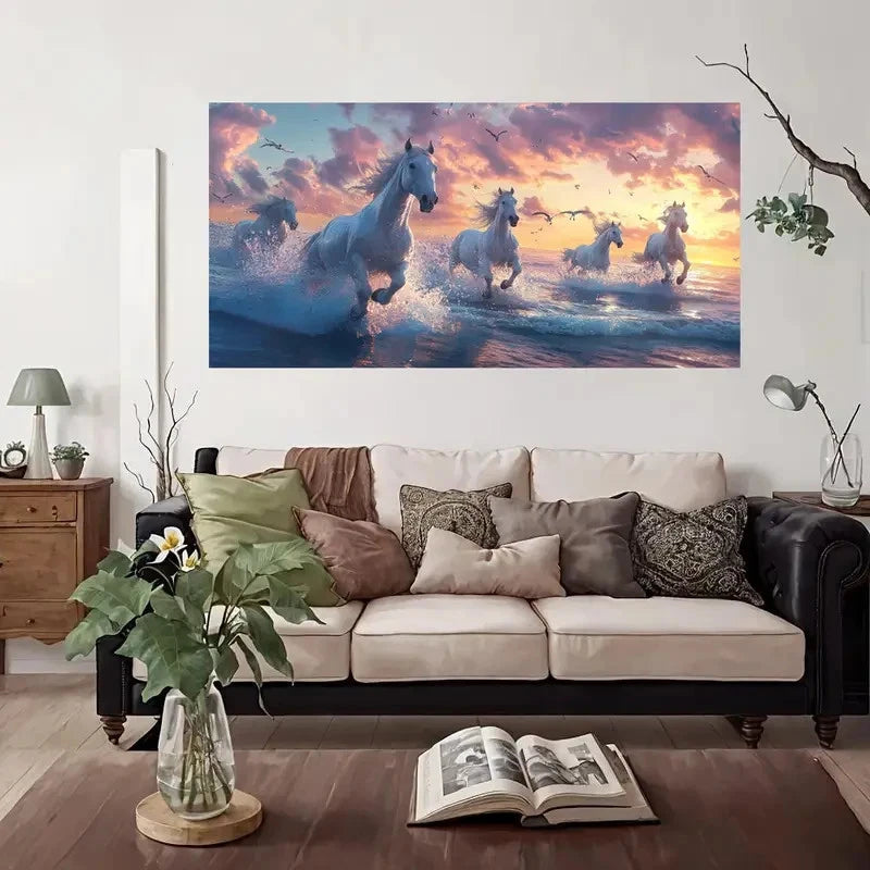 Galloping White Horses Sunset Wall Art Canvas Office Home Room Framed 120x60cm - Bella Home Decor