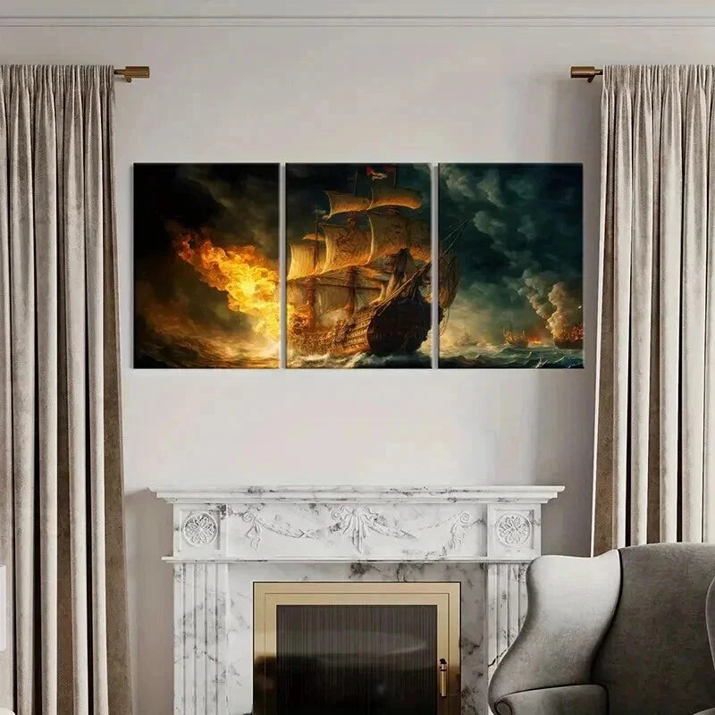 3pcs Pirate Ship On Fire in the Sea Wall Art Set Canvas Framed 60x90cm - High Quality Print 100% Australian Made Wall Canvas Ready to Hang - Bella Home Decor