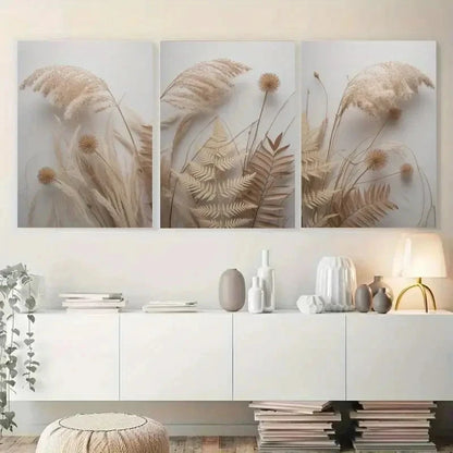 3pcs Botanical Pampas Grass & Dried Floral Metal Print Ready to Hang Art - Bella Home Decor