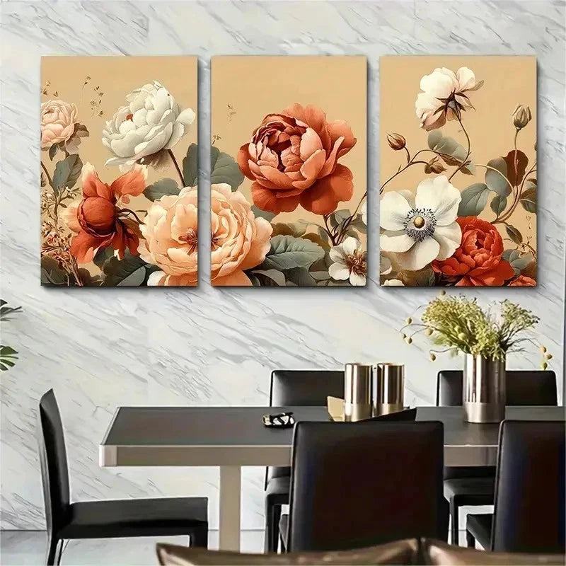 3pcs Vintage British Aesthetic Flowers Perfect Wall Art Set Canvas Framed 50x70cm - High Quality Print 100% Australian Made Wall Canvas Ready to Hang