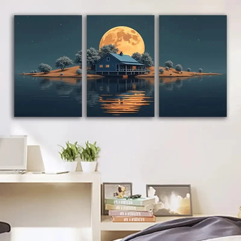 3pcs Moonlit House and Lake Night Scene Wall Art Set Canvas Framed 60x90cm - High Quality Print 100% Australian Made Wall Canvas Ready to Hang