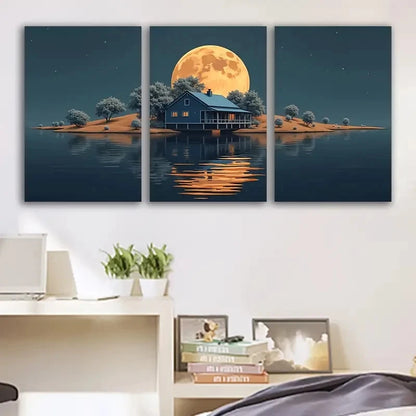 3pcs Moonlit House and Lake Night Scene Wall Art Set Canvas Framed 60x90cm - High Quality Print 100% Australian Made Wall Canvas Ready to Hang