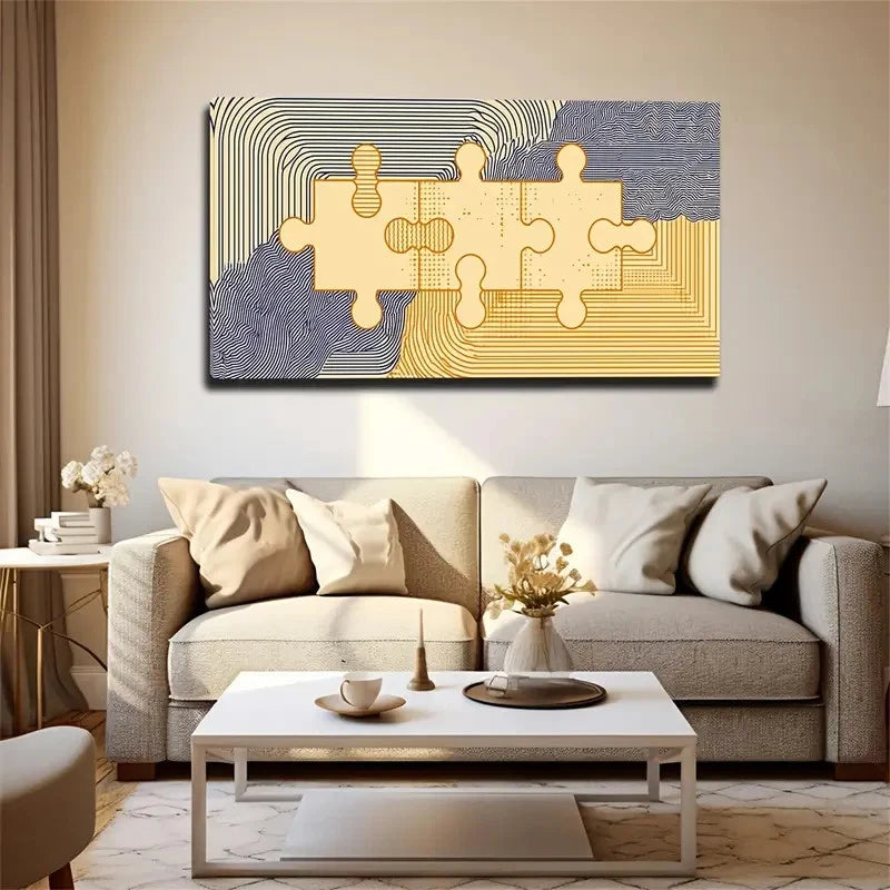 Blue & Golden Puzzle Pieces Wall Art Canvas Office Home Room Framed 120x60cm