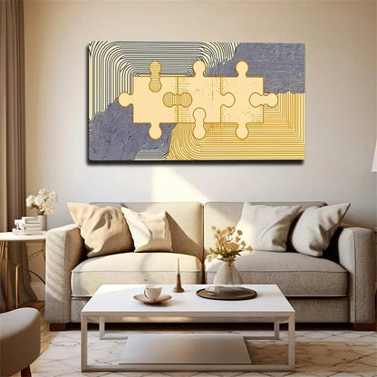 Blue & Golden Puzzle Pieces Wall Art Canvas Office Home Room Framed 120x60cm