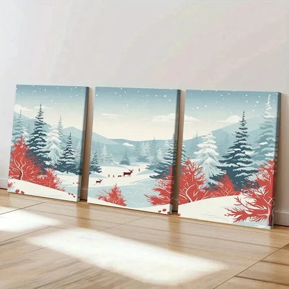 3pcs Snow Scene with Elk Modern Decor Wall Art Set Canvas Framed 60x90cm - High Quality Print 100% Australian Made Wall Canvas Ready to Hang