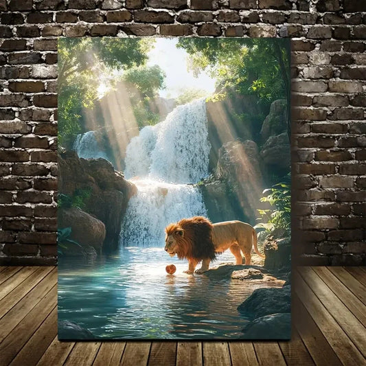 Steampunk Scene of Lion Playing with a Ball 40x60cm Metal Print Ready to Hang - Bella Home Decor
