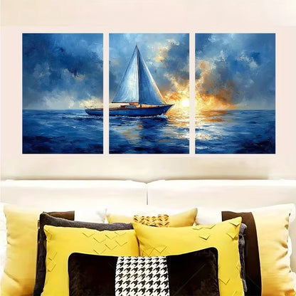 3pcs Nautical Ocean Sailing Blue Indigo Decor Wall Art Set Canvas Framed 40x60cm - High Quality Print 100% Australian Made Wall Canvas Ready to Hang