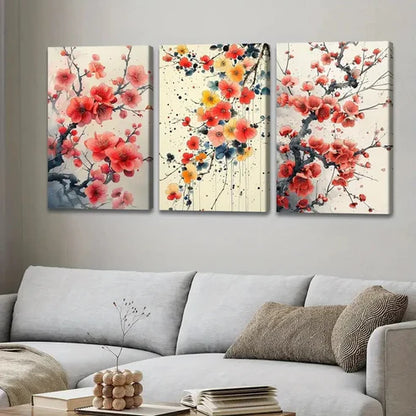 3pcs Vibrant Floral Red & Yellow Blue White Tree Wall Art Set Canvas Unframed - High Quality Print 100% Australian Made Wall Canvas