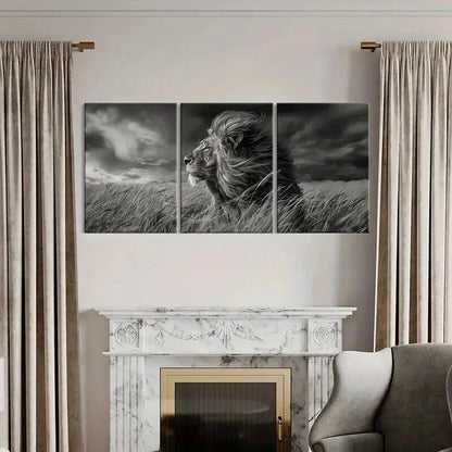3pcs Lion in Grassland Stormy Sky Modern Wall Art Set Canvas Framed 60x90cm - High Quality Print 100% Australian Made Wall Canvas Ready to Hang - Bella Home Decor