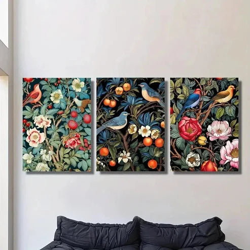 3pcs Vintage Garden Flowers and Birds Wall Art Set Canvas Unframed - High Quality Print 100% Australian Made Wall Canvas