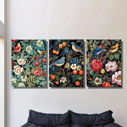 3pcs Vintage Garden Flowers and Birds Wall Art Set Canvas Unframed - High Quality Print 100% Australian Made Wall Canvas