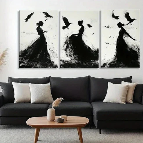 3pcs Silhouettes with Birds and Flowing Perfect Wall Art Set Canvas Unframed - High Quality Print 100% Australian Made Wall Canvas