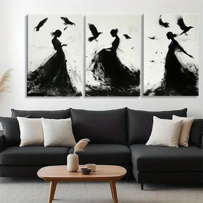 3pcs Silhouettes with Birds and Flowing Perfect Wall Art Set Canvas Unframed - High Quality Print 100% Australian Made Wall Canvas