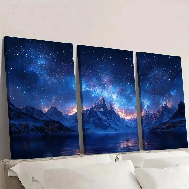 3pcs Snow Mountain Starry Sky Decor Wall Art Set Canvas Framed 60x90cm - High Quality Print 100% Australian Made Wall Canvas Ready to Hang - Bella Home Decor