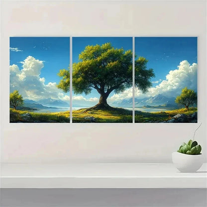 3pcs Solitary Green Tree Blue Sky Mountains E Wall Art Set Canvas Framed 60x90cm - High Quality Print 100% Australian Made Wall Canvas Ready to Hang