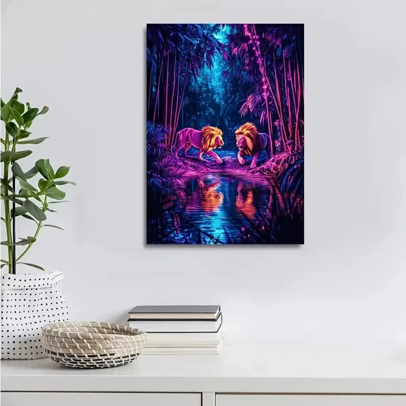 Surreal Lion Chase Neon Glow Painting 40x60cm Metal Print Ready to Hang - Bella Home Decor