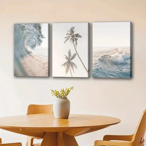 3pcs Sea Waves and Palm Tree Prints  Wall Art Set Canvas Unframed - High Quality Print 100% Australian Made Wall Canvas