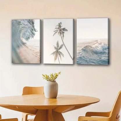 3pcs Sea Waves and Palm Tree Prints  Wall Art Set Canvas Unframed - High Quality Print 100% Australian Made Wall Canvas