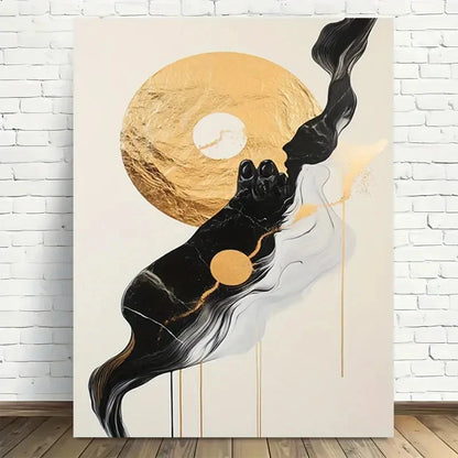 Beautiful Modern Abstract Golden Black White Painting 40x60cm Metal Print Ready to Hang - Bella Home Decor