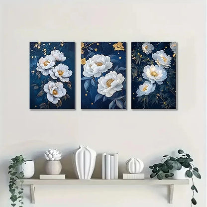 3pcs  White Golden Flower Decor Wall Art Canvas Framed 40x60cm - High Quality Print 100% Australian Made Wall Canvas Ready to Hang - Bella Home Decor