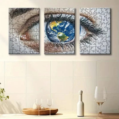 3pcs Eye and Earth Puzzle Design Wall Art Set Canvas Framed 60x90cm - High Quality Print 100% Australian Made Wall Canvas Ready to Hang