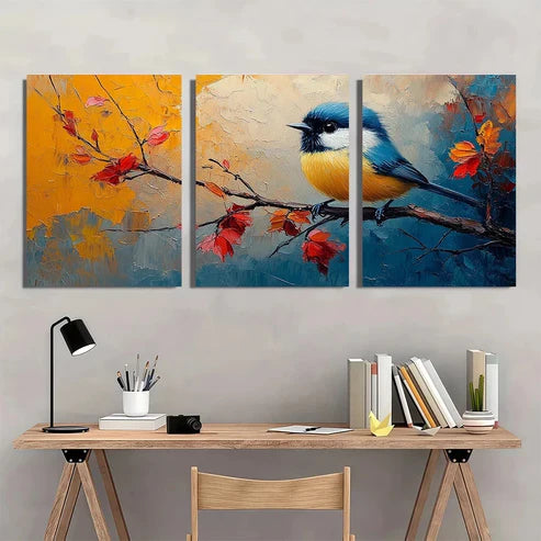 3pcs Vibrant Abstract Chickadee Bird0 Wall Art Set Canvas Unframed - High Quality Print 100% Australian Made Wall Canvas