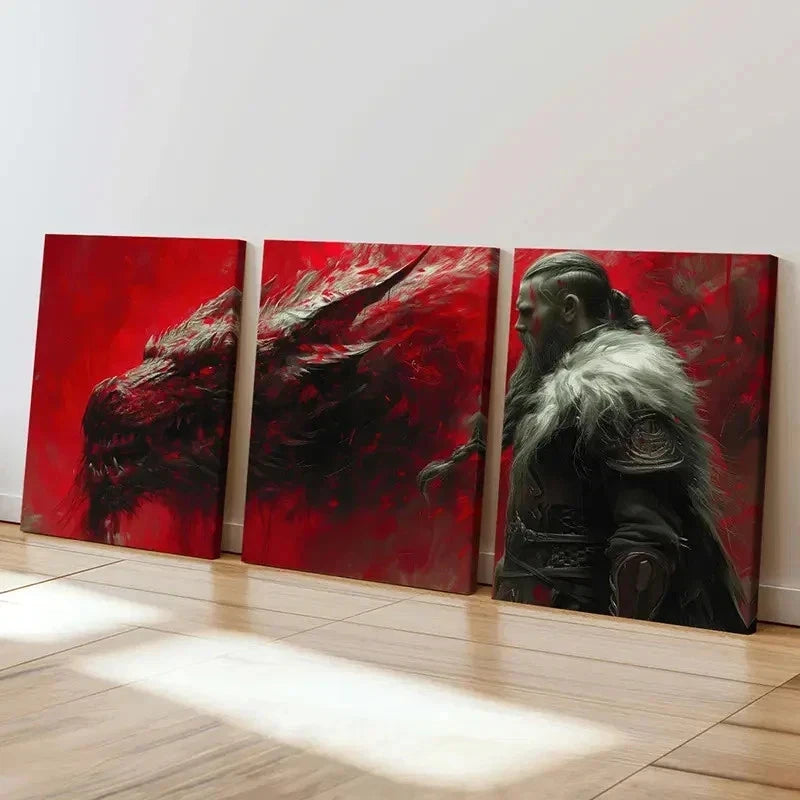 3pcs Fantasy Aesthetic Art Viking Scary Dragon Wall Art Set Canvas Framed 60x90cm - High Quality Print 100% Australian Made Wall Canvas Ready to Hang - Bella Home Decor