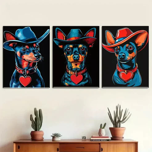 3 PCS Vibrant Blue & Red Cowboy-Themed Dog Wall Art Set Canvas Unframed - High Quality Print 100% Australian Made Wall Canvas - Bella Home Decor