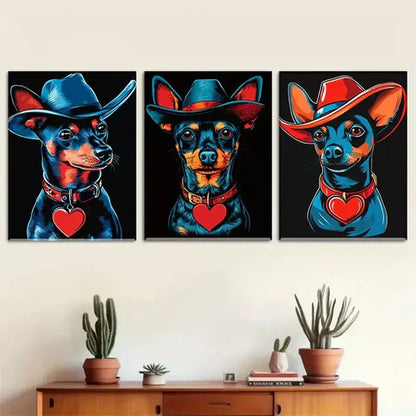 3 PCS Vibrant Blue & Red Cowboy-Themed Dog Wall Art Set Canvas Unframed - High Quality Print 100% Australian Made Wall Canvas - Bella Home Decor