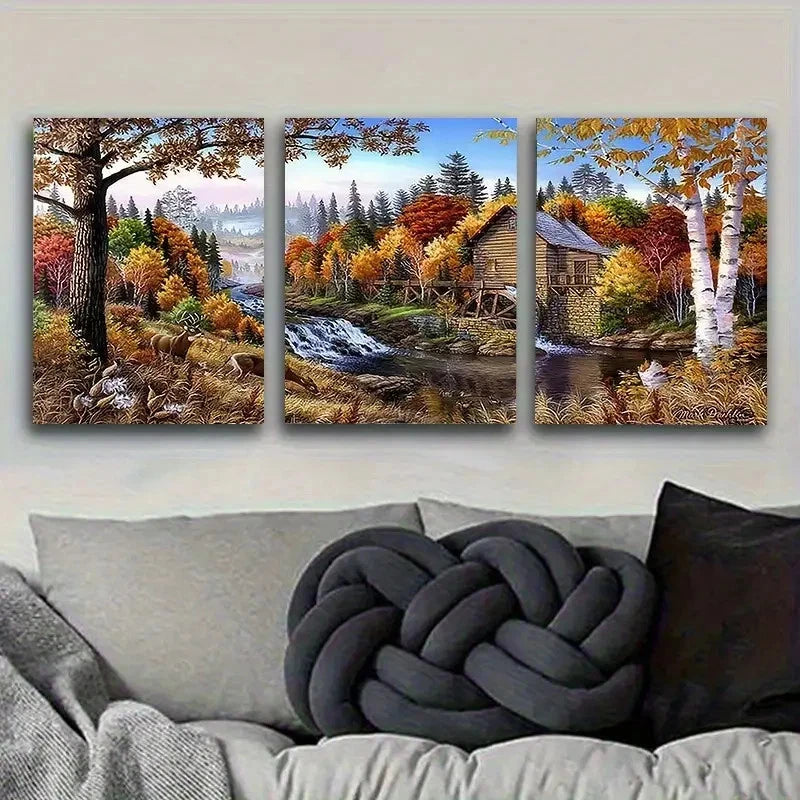 3pcs Autumn Cabin Landscape Wall Art Set Canvas Framed 60x90cm - High Quality Print 100% Australian Made Wall Canvas Ready to Hang - Bella Home Decor