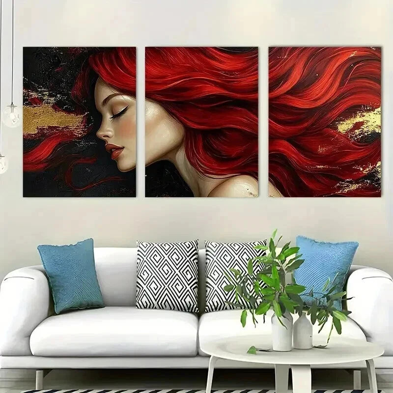 3pcs Dynamic Red Hair Art Glamorous Perfect Wall Art Set Canvas Framed 50x70cm - High Quality Print 100% Australian Made Wall Canvas Ready to Hang - Bella Home Decor