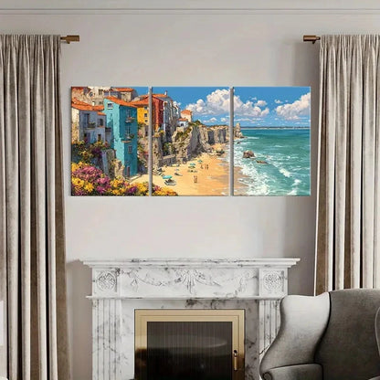 3pcs Vibrant Beach Scene with Cliffside Homes Metal Print Ready to Hang Art - Bella Home Decor