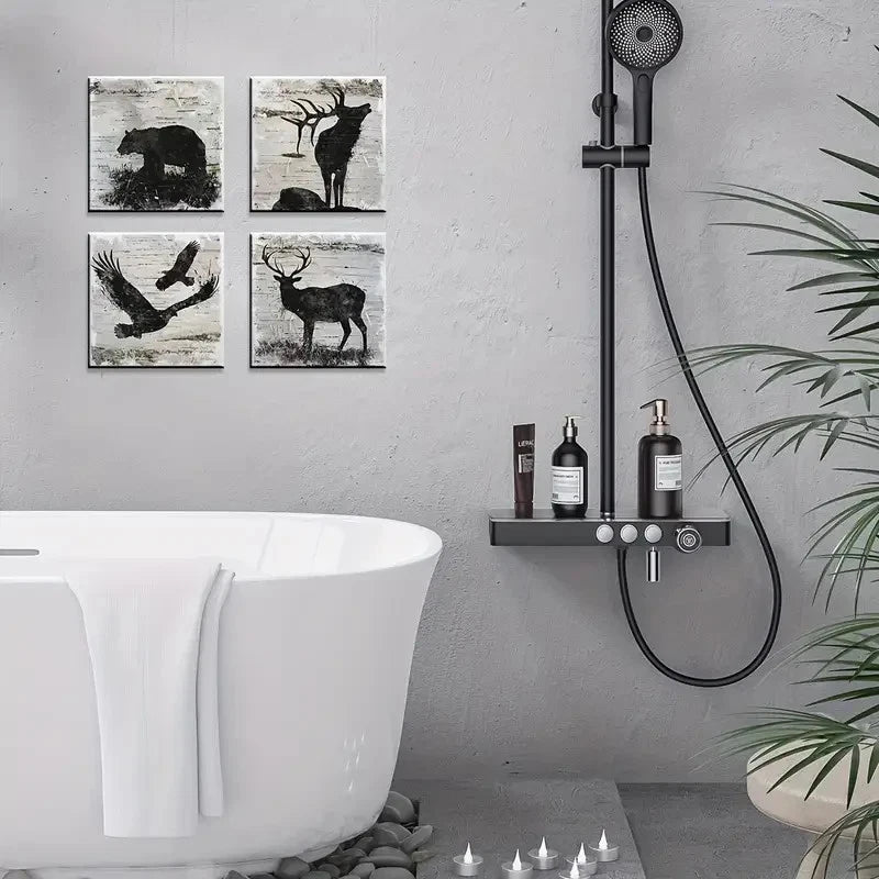 4pcs Black Bear Deer Moose Elk, Wall Art Canvas Framed