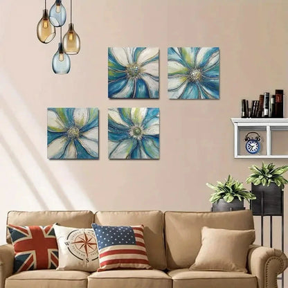 4pcs Blue & White Floral Design With Golden Acce Wall Art Canvas Framed
