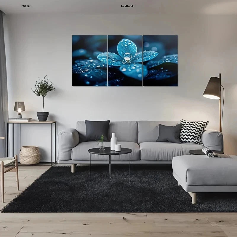 3pcs Blue Dewdrops on Leaves Nature Metal Print Ready to Hang Art - Bella Home Decor