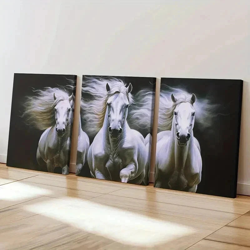 3pcs Galloping Three White Horses Wall Art Set Canvas Framed 50x70cm - High Quality Print 100% Australian Made Wall Canvas Ready to Hang - Bella Home Decor