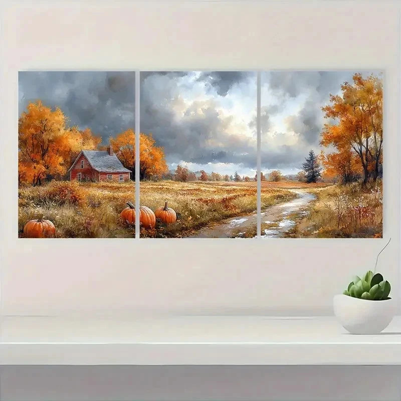 3pcs Red House & Pumpkins  RH  Wall Art Set Canvas Framed 60x90cm - High Quality Print 100% Australian Made Wall Canvas Ready to Hang