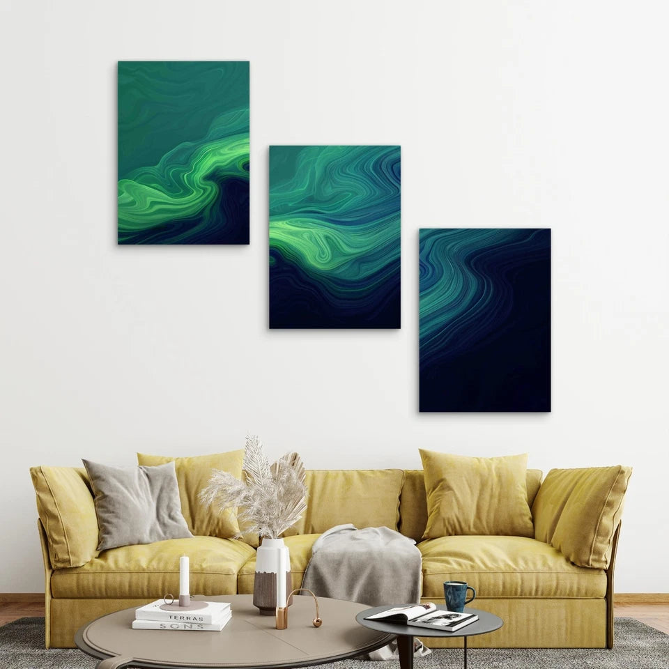 3pcs Green Blue Abstract Painting Wave Metal Print Ready to Hang Art