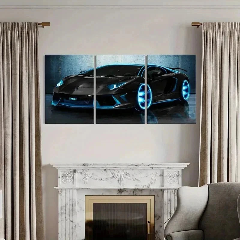 3pcs Black Lamborghini Supercar Sports Car Wall Art Set Canvas Framed 50x70cm - High Quality Print 100% Australian Made Wall Canvas Ready to Hang - Bella Home Decor