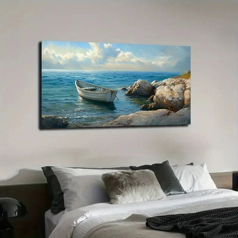 Serene White Boat Shallow Sea Wall Art Canvas Office Home Room Framed 120x60cm - Bella Home Decor