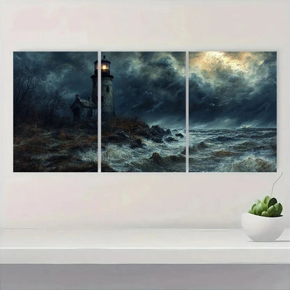3pcs Halloween Stormy Lighthouse Metal Print Ready to Hang Art