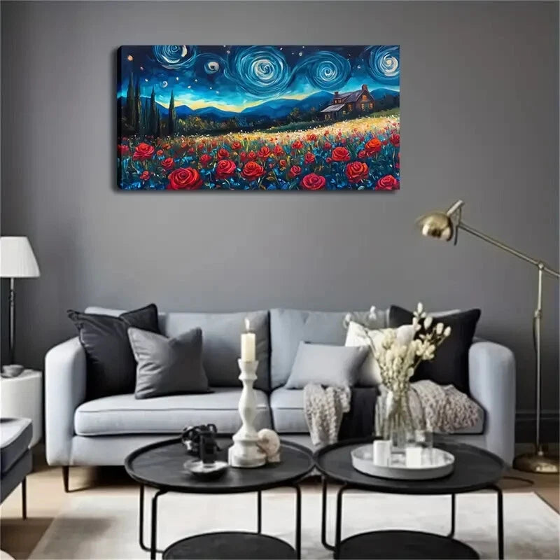 Vibrant Red Rose Field Starry Wall Art Canvas Office Home Room Framed 120x60cm - Bella Home Decor