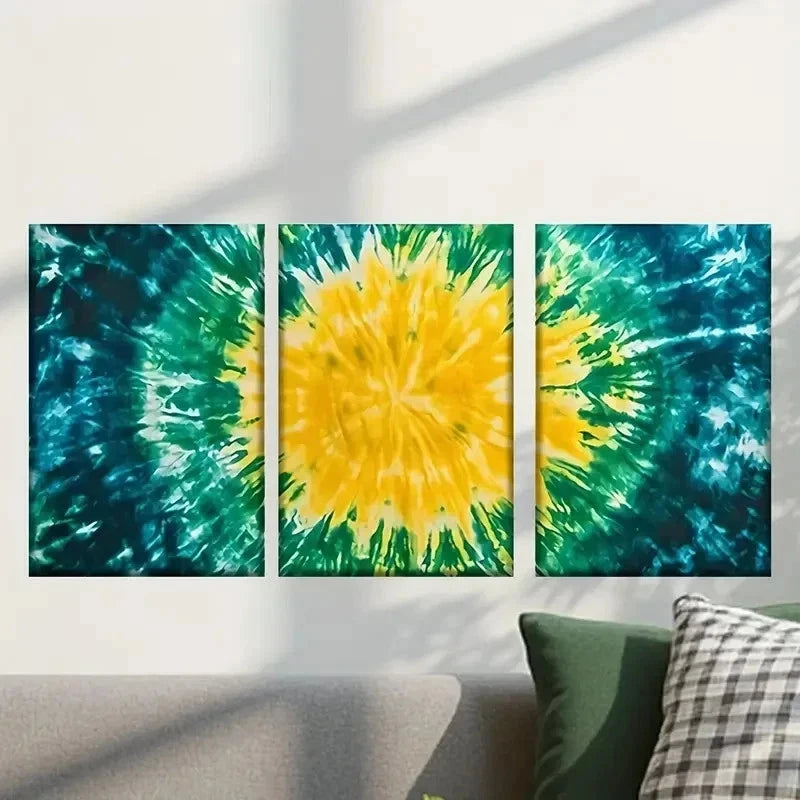 3pcs Yellow and Green Tie Dye Painting Wall Art Set Canvas Framed 50x70cm - High Quality Print 100% Australian Made Wall Canvas Ready to Hang