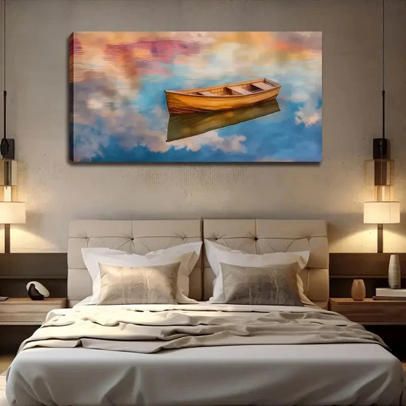 Serene Boat On Sky Reflection Wall Art Canvas Office Home Room Framed 120x60cm