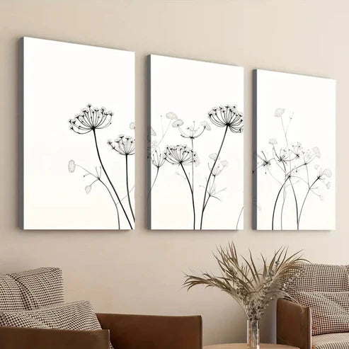 3pcs Queen Annes White Black Liner Florals Wall Art Canvas Unframed - High Quality Print 100% Australian Made Wall Canvas