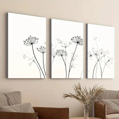 3pcs Queen Annes White Black Liner Florals Wall Art Canvas Unframed - High Quality Print 100% Australian Made Wall Canvas
