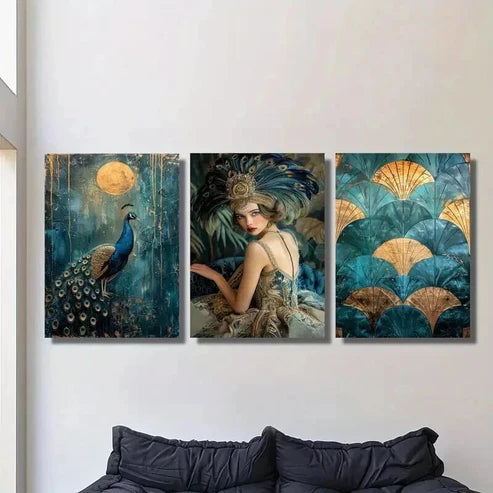 3pcs Gatsby Girl Peacock Full Moon  Wall Art Set Canvas Unframed - High Quality Print 100% Australian Made Wall Canvas - Bella Home Decor